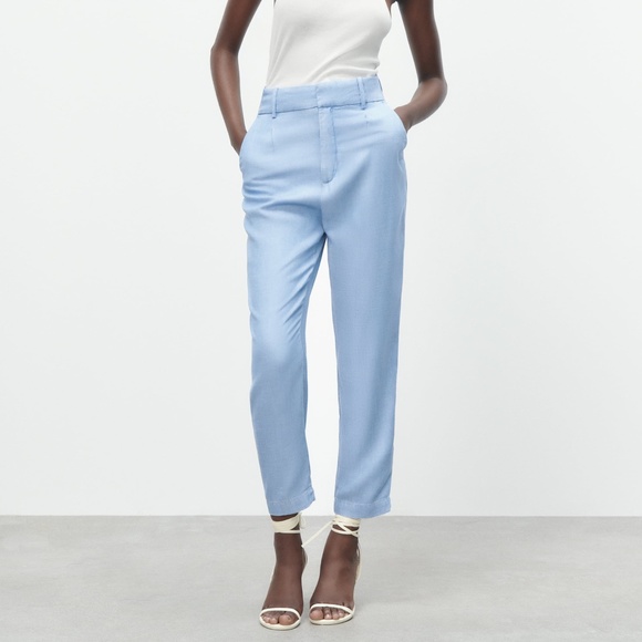 NWT ZARA HIGH-WAISTED PANTS WITH DARTS Light blue - Picture 1 of 7